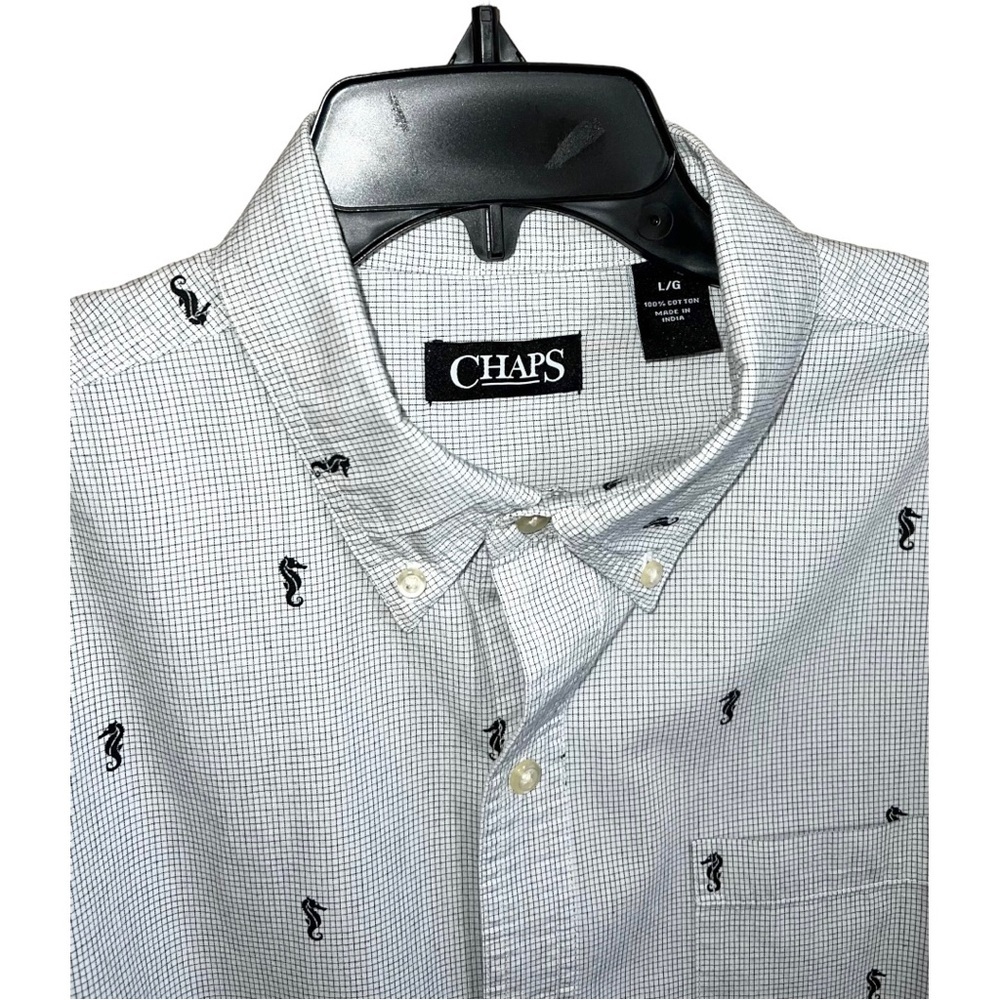 Chaps Shirt Men’s Size L White Black Checks Seahorses Button Front Short Sleeve - Picture 3 of 6